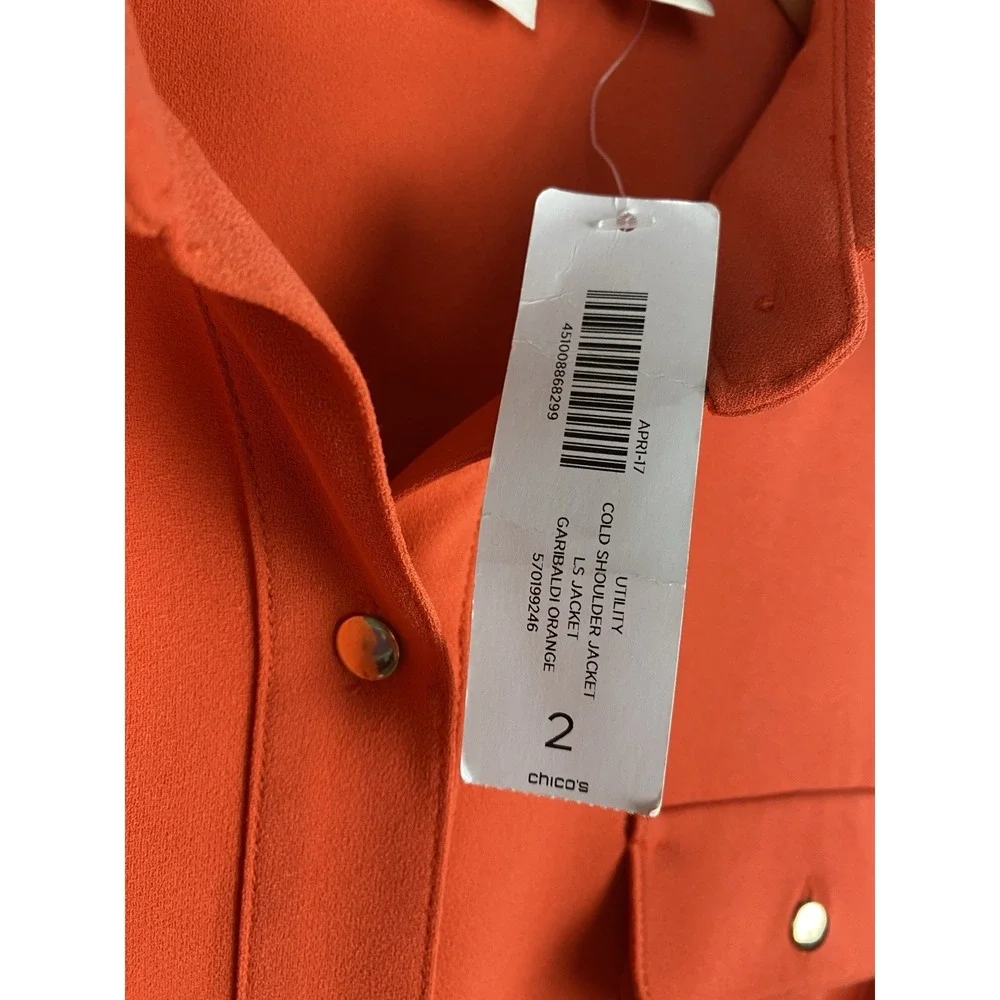 Chicos Size 2 L Utility Jacket Orange Gold Button Cargo Pocket Military Shirt